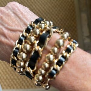 Bracelet stack - 2 gold beaded bracelet and 3 black faux leather and gold chains
